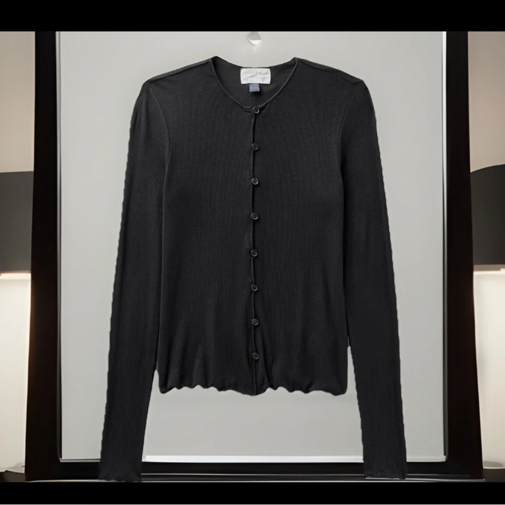 Cardigan Ribbed Full Length Button-Down Rayon Ribbed Trim Edges Long Length Hem